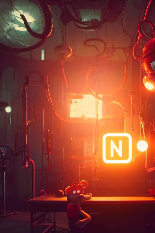 Image similar to bunch of mechanics operating bloody mickey mouse in science facility, big glowing netflix logo behind, greg rutkowski, beeple, gilleard, alphonse mucha cgsociety, unreal engine, octane render, highly detailed 4 k art, smooth, sharp focus, cinematic lighting,