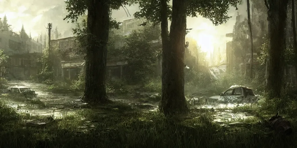 Prompt: an environmental concept art of the last of us, highly detailed, environmental light, cinematic by francis tneh