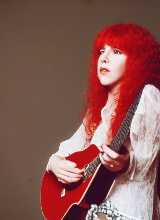 Image similar to dslr portrait photo still of 2 4 year old stevie nicks at age 2 4 with red hair playing a guitar, 8 5 mm, f 1. 8