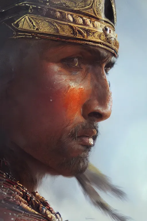 Image similar to indian warrior, close - up portrait, fierce, intricate, elegant, volumetric lighting, scenery, digital painting, highly detailed, artstation, sharp focus, illustration, concept art, ruan jia, steve mccurry