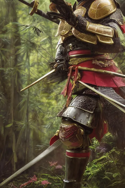 Prompt: close up of samurai general in full armor, in a bamboo forest, by vladimir volegov and alexander averin and delphin enjolras and daniel f. gerhartz, ultra realistic, concept art, intricate details, highly detailed, photorealistic, octane render, 8 k, unreal engine