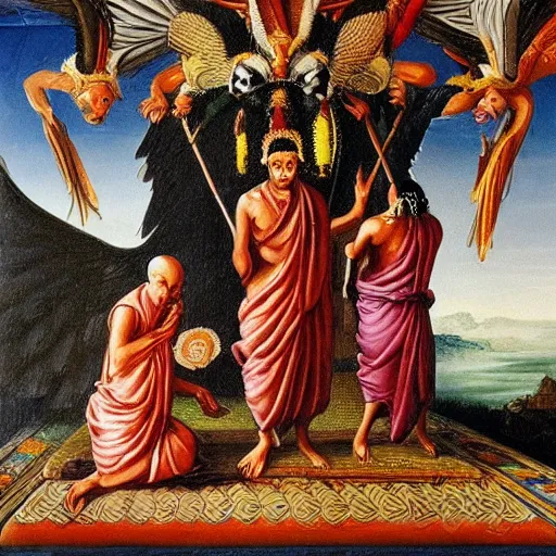 Prompt: hindu monks worshipping giant crow on greek senete baroque painting, lionardo davinchi