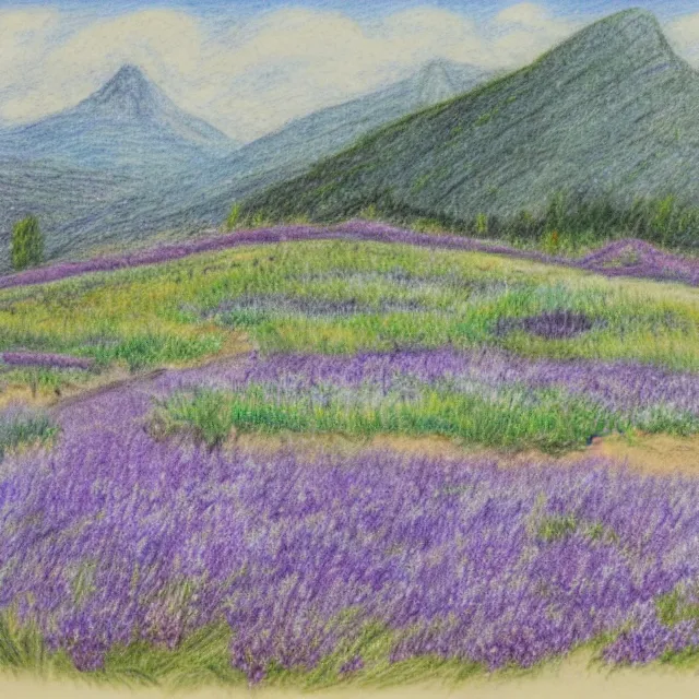 Prompt: lavander field in italian landscape, colored pencil drawing