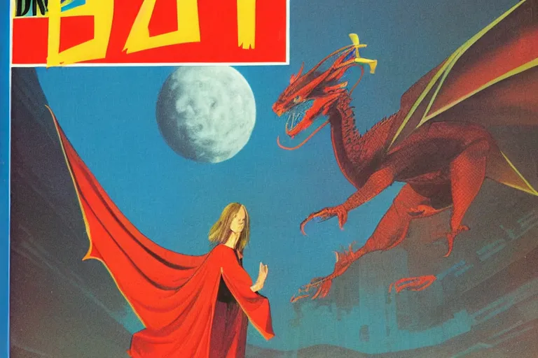 Image similar to 1979 OMNI Magazine Cover of a dragon wearing robes in neo-tokyo style by Vincent Di Fate