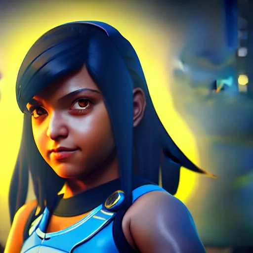 Image similar to a young girl with the appearance of pharah from overwatch, design, octane render, 4 k, ingame shot