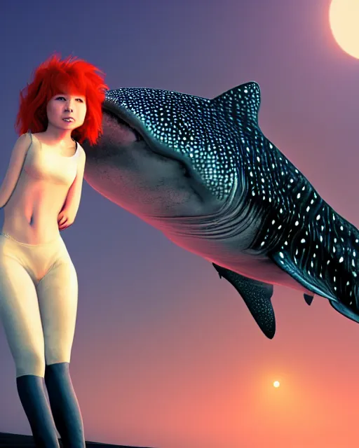 Prompt: whale shark with redhead girl, radiant lighting, cinematic, artstation by moebius