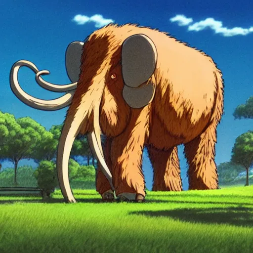 Image similar to a realistic cell - shaded studio ghibli concept art from paprika ( 2 0 0 6 ) of a giant wooly mammoth. very dull colors, wide shot, hd, 4 k, hq