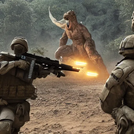 Image similar to a team of soldiers shooting at a very big scary monster, 3 d render, octane, ray tracing, ultra high resolution, ultra detailed, photorealistic, 8 k