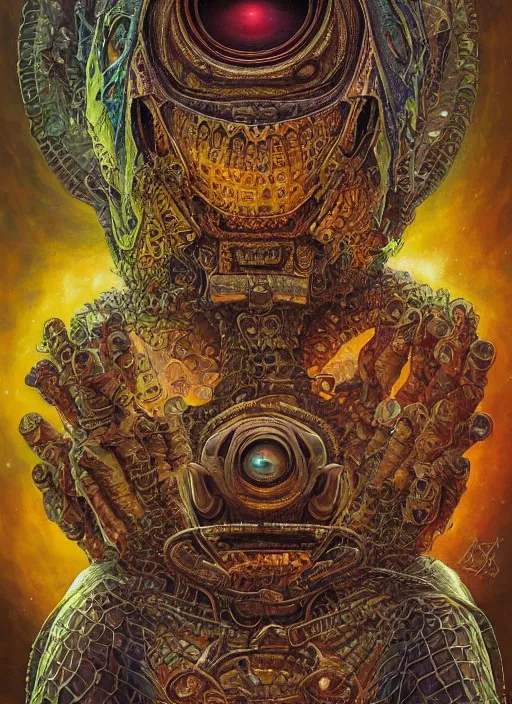 Image similar to emek spaceship mf doom reptile eyes, cosmic lsd poster art, intricate, elegant, highly detailed, centered, digital painting, artstation, concept art, smooth, sharp focus, illustration, artgerm, tomasz alen kopera, peter mohrbacher, donato giancola, joseph christian leyendecker, wlop, frank frazetta