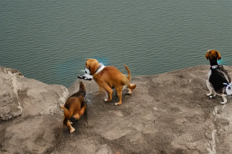 Image similar to a puppy is looking directly at the water below them while they stand at an edge