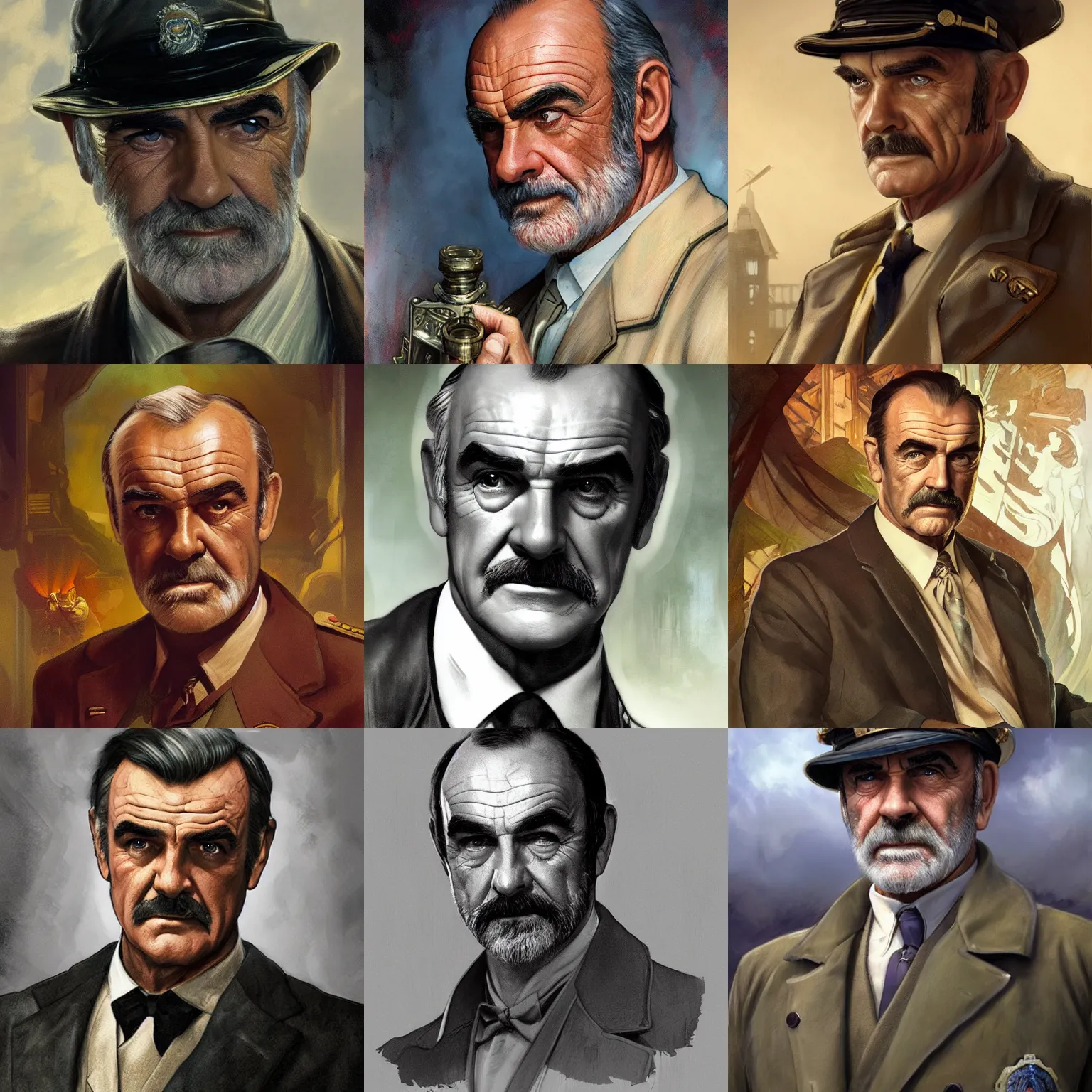 Prompt: Sean Connery as 1920s pilot in Call of Cthulhu, closeup, highly detailed, digital illustration, art by Artgerm and Greg Rutkowski and Alphonse Mucha