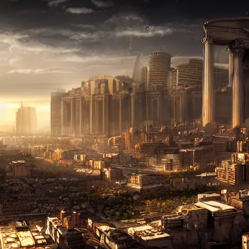 Image similar to futuristic roman empire cityscape with advanced technology, dark setting, 4 k, digital art.
