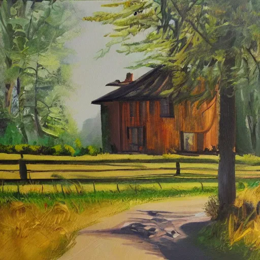 Prompt: house in the countryside on a sunny day, forest, peaceful, brush strokes, oil painting