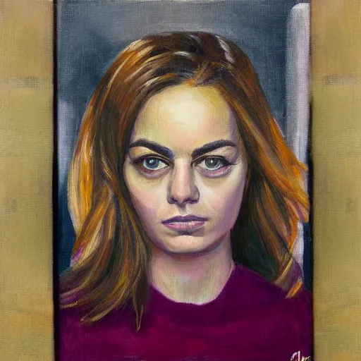 Prompt: Frontal portrait of three Emma Stones. Detailed painting