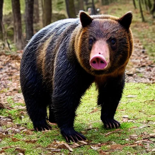 Image similar to a man who is half man, half bear, half pig standing on hind legs in the woods