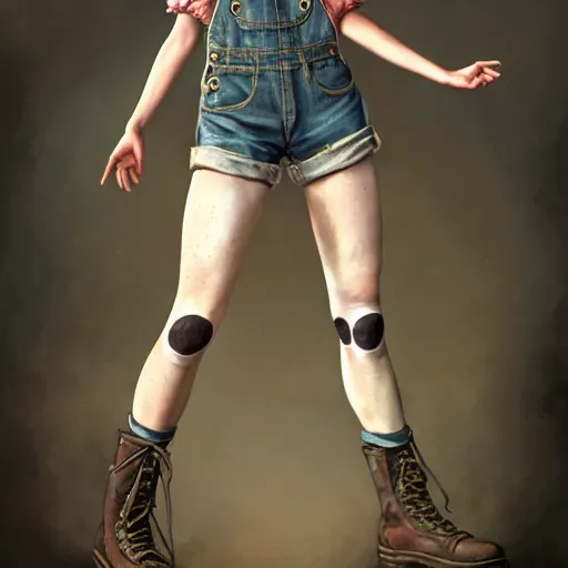 Image similar to full body pose, grungy alice, torn overalls, short shorts, combat boots, fishnets, beautiful, highly detailed face, true anatomy!, extremely detailed!, digital painting, unreal engine 5, art by tom bagshaw