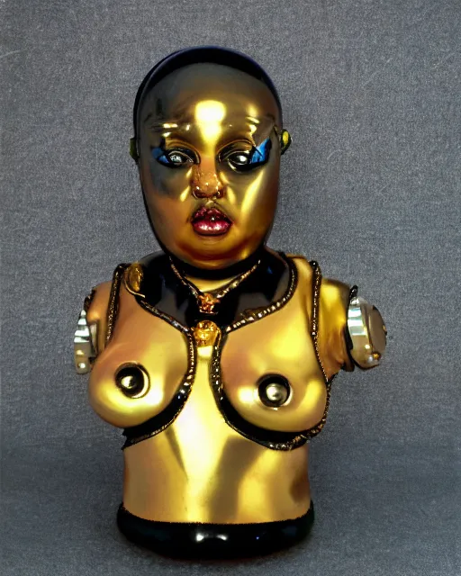Prompt: intricate slightly iridescent and tanslucent hyperrealistic onyx and gold bust of futuristic obese beautiful cybernetic black girl angry empress, museum piece, 3 5 mm film photograph