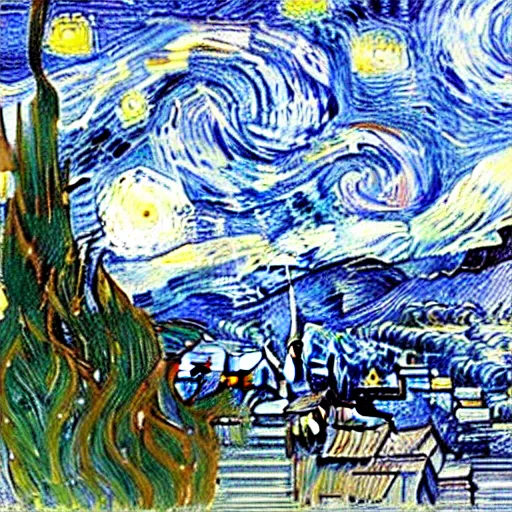 Prompt: A realistic photograph based on Vincent Van Gogh's painting The Starry Night