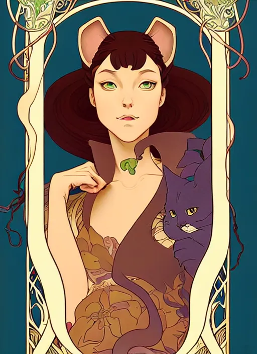 Image similar to art nouveau portrait of cat, natural lighting, path traced, highly detailed, high quality, cartoon, digital painting, by don bluth and ross tran and studio ghibli and alphonse mucha