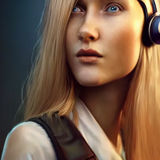 Image similar to epic action shot of beautiful swedish woman with symmetrical face stunning eyes and long blonde hair wearing headset laughing, weta disney pixar, hi - fructose, decadent highly - detailed digital painting, golden ratio, octane render, artstation, cinematic composition, smooth, sharp focus, artgerm, mucha, loish, wlop hdr