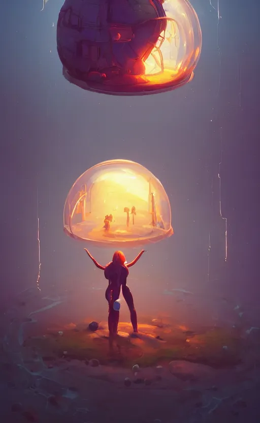 Image similar to a young and powerful goddess trapped in a dome, bubble, prisoner, panicking, lightning, energy bursts, highly detailed, digital painting, artstation, concept art, sharp focus, cinematic lighting, illustration, painted by Simon Stalenhag, cgsociety