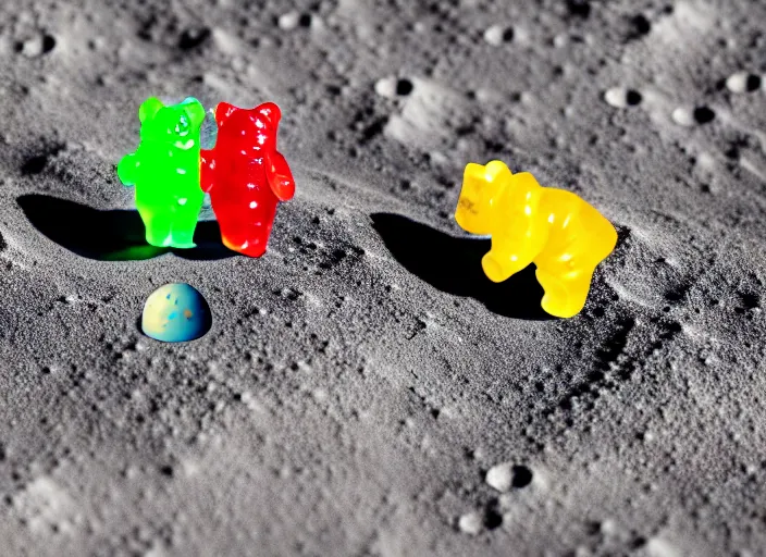 Image similar to a gummy bear walking on the moon staring back at a tiny earth, photorealistic