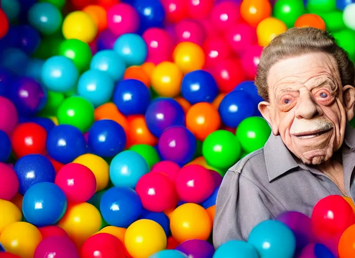 Image similar to photo still of jerry stiller in a ball pit!!!!!!!! at age 4 6 years old 4 6 years of age!!!!!!!! hiding from parents, 8 k, 8 5 mm f 1. 8, studio lighting, rim light, right side key light