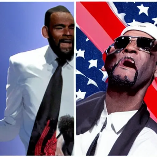 Prompt: donald trump licking r kelly, american flag behind