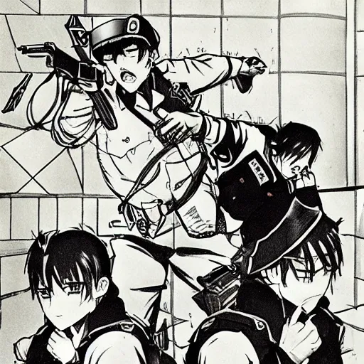 Prompt: Manga artwork of two police officers getting shot in the face