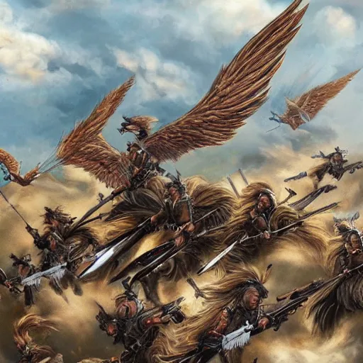 Prompt: an army of valkyries riding griffins to battle.