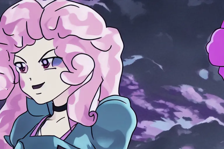 Image similar to rose quartz from steven universe is the blackened, danganronpa trial screenshot, art by rui komatsuzaki, detailed, incredible coloring and shading, from a video sequence, intense lighting