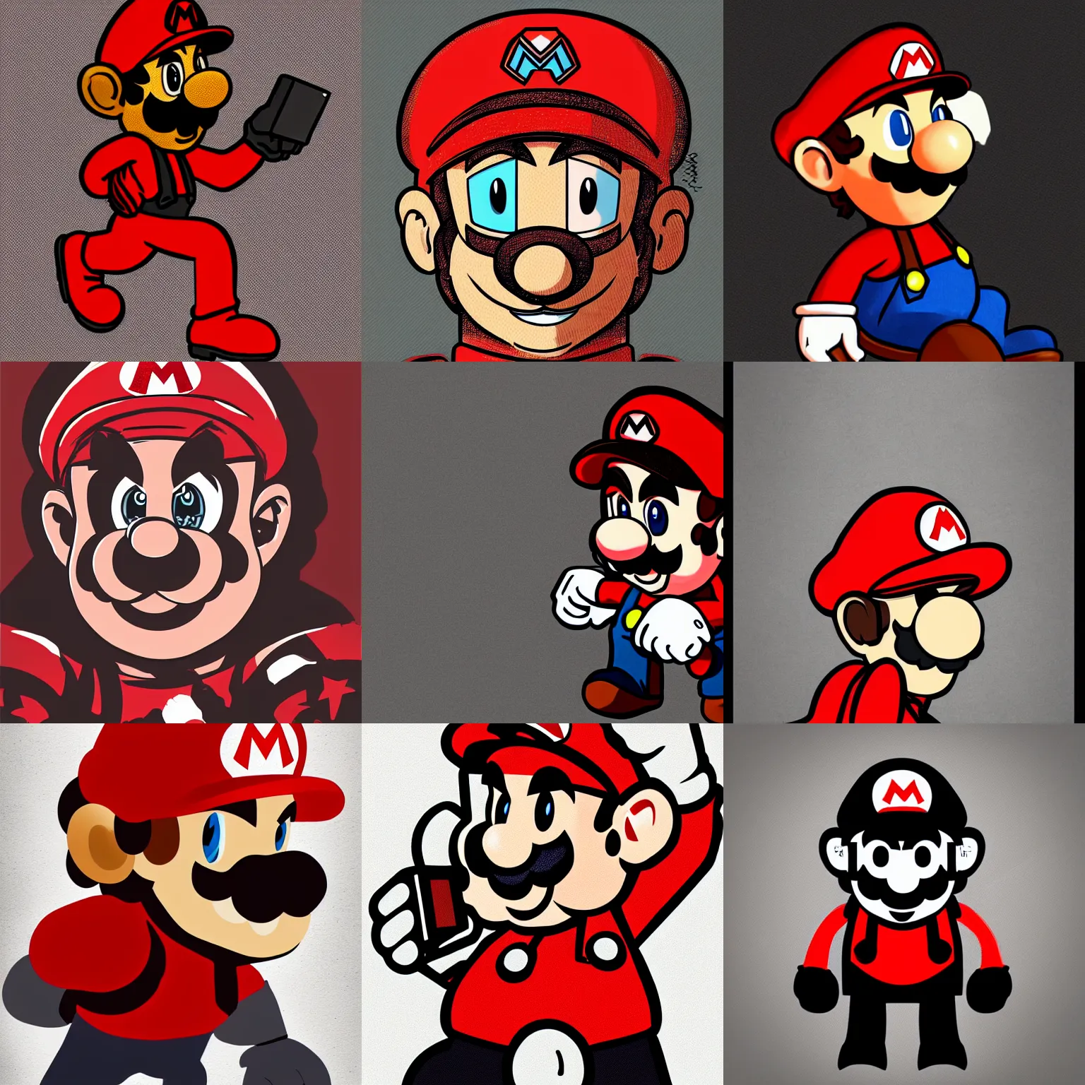 Prompt: fan artwork of mario, videogame art, edgy and bold artstyle, limited color palette, black and red tones, heavy use of shadows, deviantart
