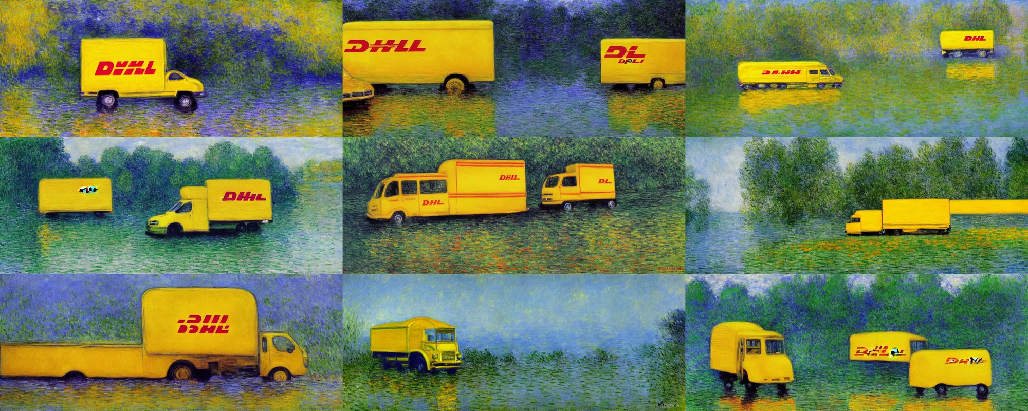 Image similar to DHL yellow DHL van and the lake, painting by Monet