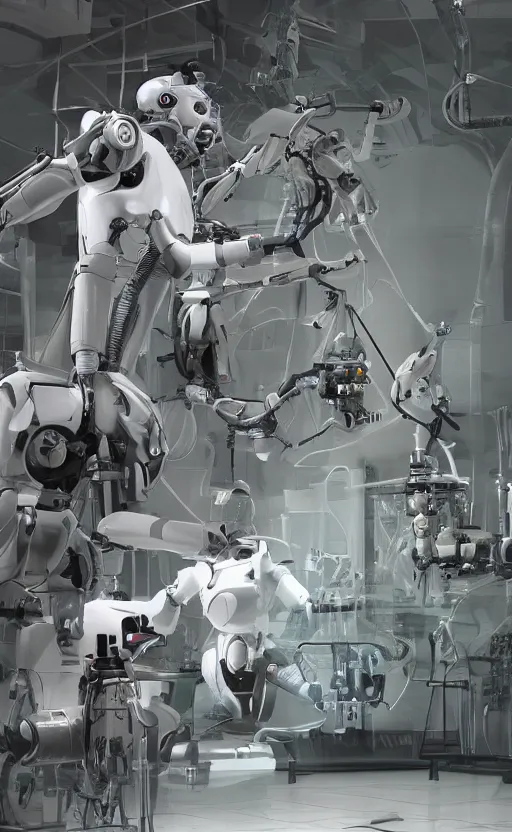 Image similar to sci - fi, human - robot concept in laboratory crazy scientists, high definition, biorobot