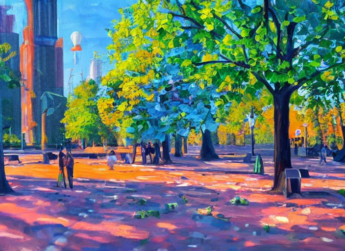 Image similar to bright beautiful oil painting of a futuristic city park by Tatyana Yablonskaya