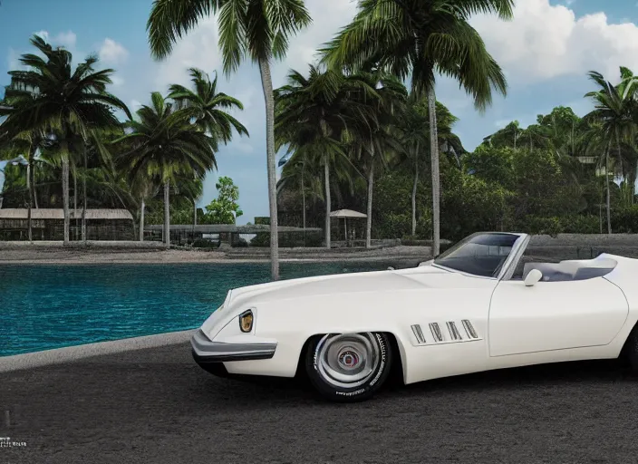 Image similar to hyperrealism, detailed textures, photorealistic 3 d render, a dreamy beach in cuba, a 1 9 9 0 coervette stingray with a blazing pearl white colour scheme, mickey thompson tires, centrerline rims, sharp focus, ultra realistic, ultra high pixel detail, cinematic, intricate, cinematic light, concept art, illustration, art station, unreal engine 8 k