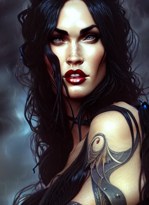 Image similar to portrait of megan fox as a vampire queen, jewelry, greek, black, intricate, headshot, highly detailed, digital painting, artstation, concept art, sharp focus, cinematic lighting, illustration, art by artgerm and greg rutkowski, alphonse mucha, cgsociety