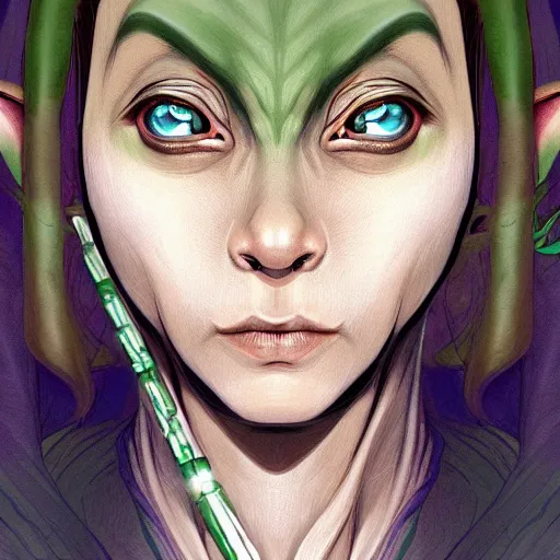 Image similar to yoda, female, jedi master, wearing the traditional jedi robe, beautiful and uniquely odd looking, detailed symmetrical close up portrait, intricate complexity, in the style of artgerm and ilya kuvshinov, magic the gathering, star wars art,