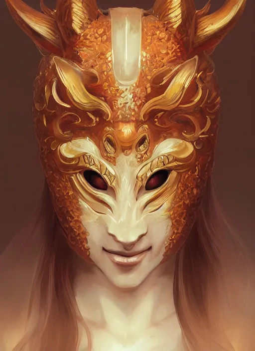 Image similar to a beautiful detailed oil on copper art illustration of a japanese kitsune samurai mask devil woman, centered, by charlie bowater, zeng fanzh, trending on artstation, dim dusk lighting, cinematic lighting, detailed lighting, volumetric lighting, realistic, f 8, 4 k hd wallpaper