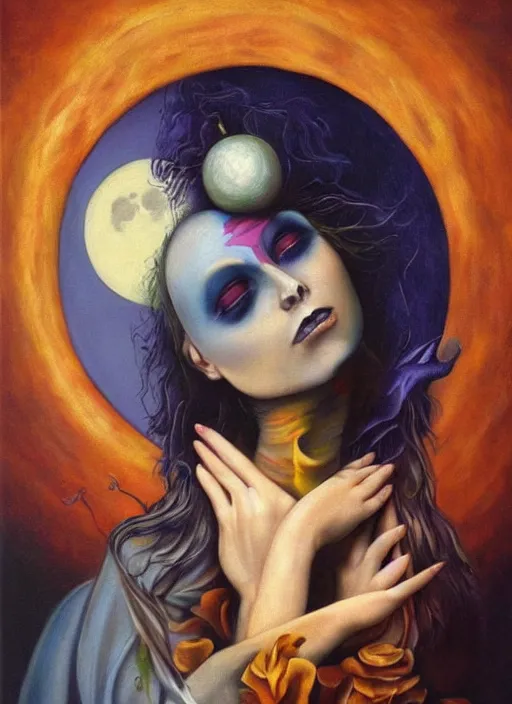 Image similar to surrealism, abstract, witch, portrait, close - up, make up, full big moon, painting by raphael albuquerque, soft light