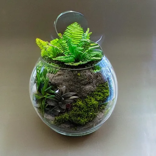 Prompt: a terrarium jar with moss and stone, tropical style