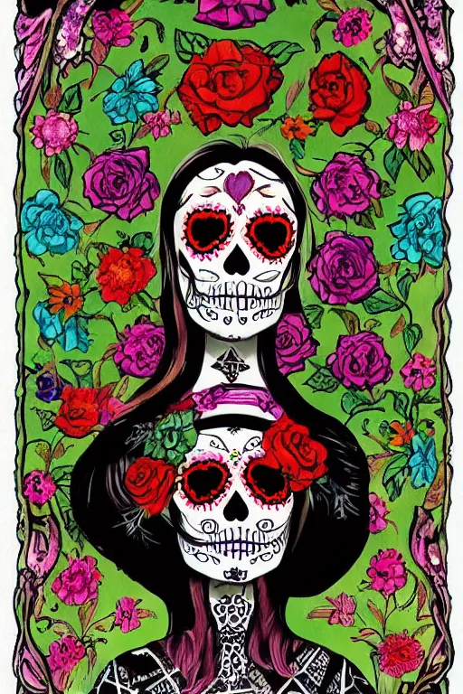 Image similar to illustration of a sugar skull day of the dead girl, art by annie liebovitz