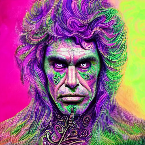 Image similar to an extremely psychedelic portrait of ronnie james dio, surreal, lsd, face, detailed, intricate, elegant, lithe, highly detailed, digital painting, artstation, concept art, smooth, sharp focus, illustration