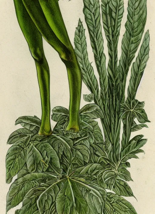 Image similar to fantasy scientific botanical illustration of a green tall plant walking around with human legs