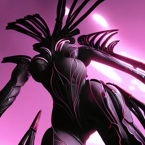 Prompt: worm's eye view from the floor, looking up, at a highly detailed 300 foot tall beautiful majestic stunning female warframe, posing elegantly over you, two massive detailed legs towering over you, matte black armor with glowing pink accents, sharp detailed claws, hip and leg shot, upward shot, front shot, high quality fanart, epic shot, highly detailed art, realistic, professional digital art, high end digital art, captura, furry art, anthro art, DeviantArt, artstation, Furaffinity, 8k HD render, epic lighting