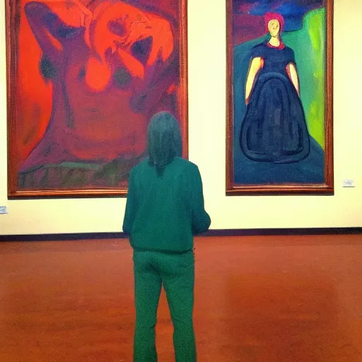 Image similar to a painting of a person standing in front of a painting, a fine art painting by munch, reddit, neo - expressionism, academic art, fauvism, art