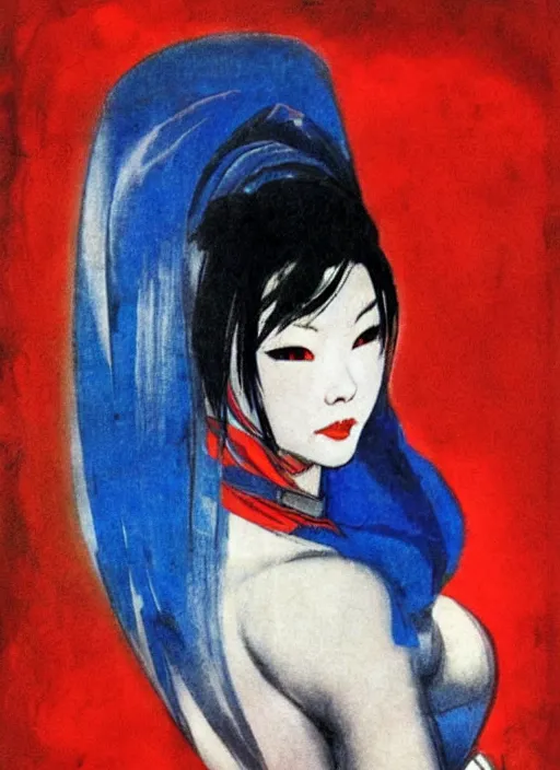 Image similar to portrait of muscular korean vampiress, jeweled veil, blue and red, strong line, saturated color, beautiful! coherent! by frank frazetta, high contrast, minimalism