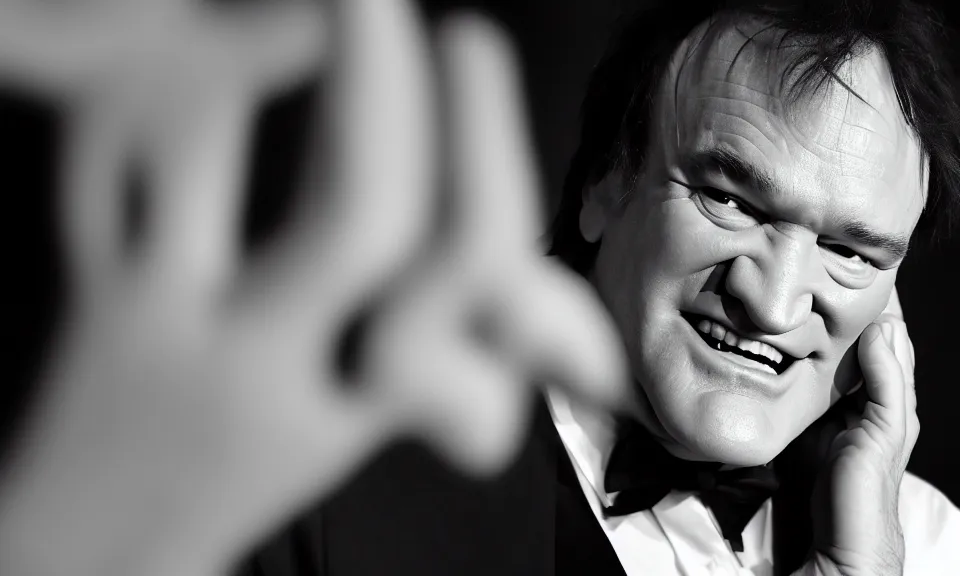 Prompt: Quentin Tarantino smiling at the camera while a female toe is approaching to his mouth. Cinematic lighting. 4k ultra hd. Portrait. Low lights nightclub background.