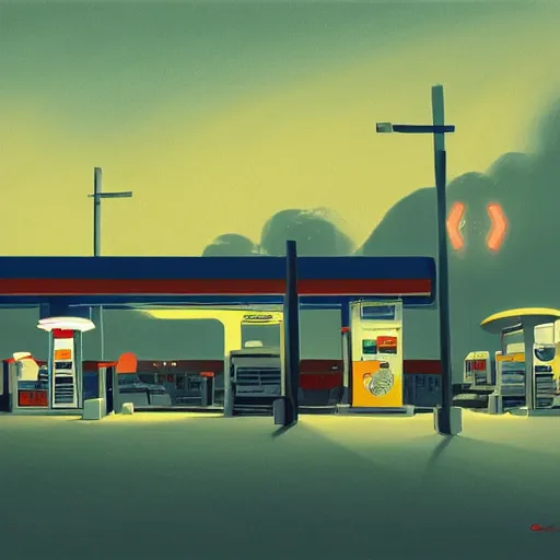 Image similar to a gas station at night by emiliano ponzi, george ault, bauhaus, retrofuturism, concept art, matte drawing