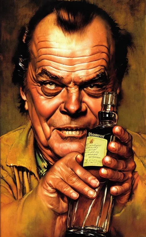 Prompt: illustration of a clear whiskey bottle with jack nicholson inside the bottle, by norman rockwell, roberto ferri, daniel gerhartz, edd cartier, jack kirby, howard brown, tom lovell, jacob collins, dean cornwell